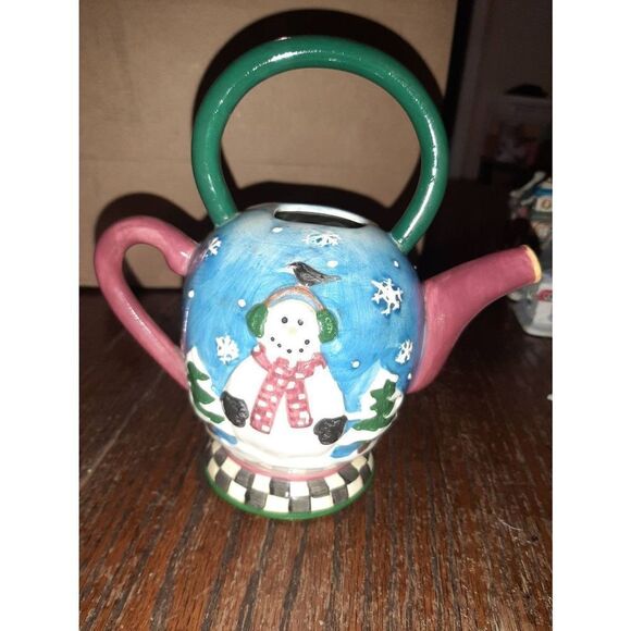 Vintage Oneida Sakura Snowglobe Christmas Holiday Snowman Mini Teapot - Picture 1 of 8